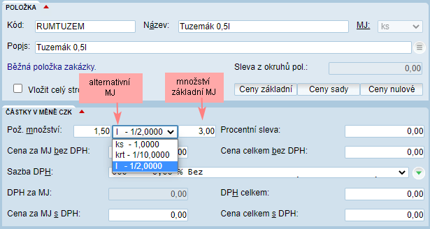 Množství položky v alternativní MJ